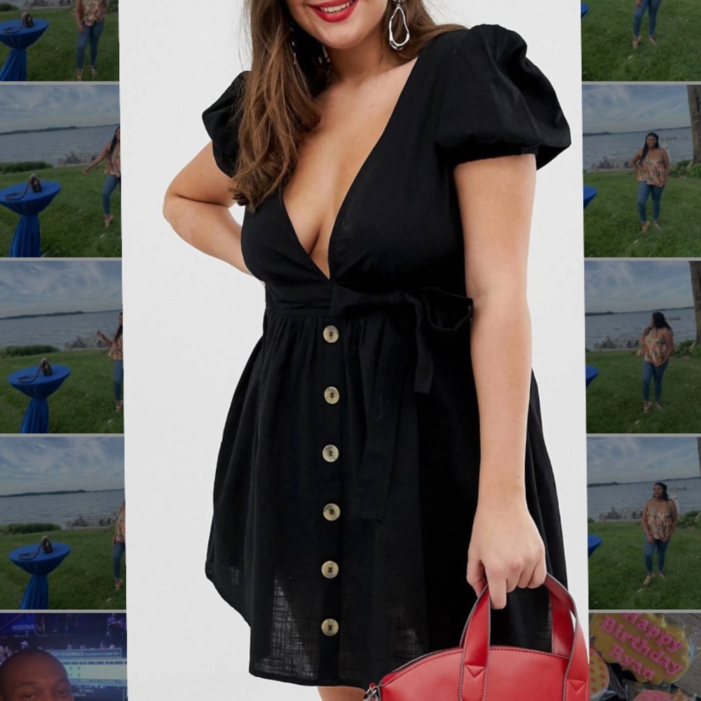 Plus size v cut Mini dress with puff sleeve